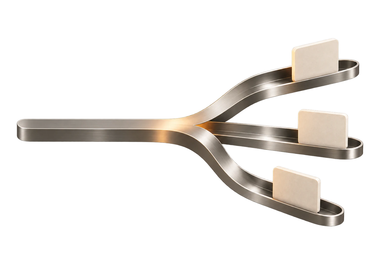 Three ivory cards follow the branches of a complete brushed-silver rail.